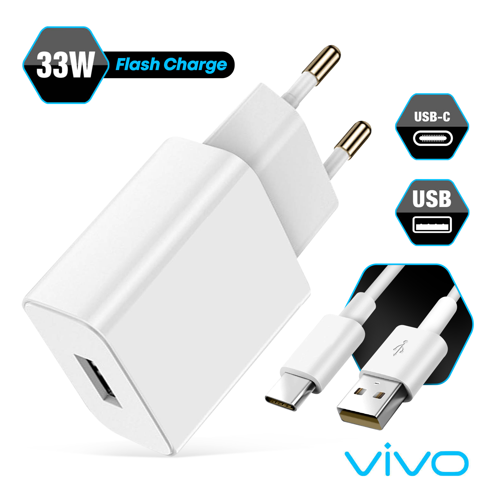 Chargeur Secteur Original Vivo + Câble USB Type C, Charge Rapide