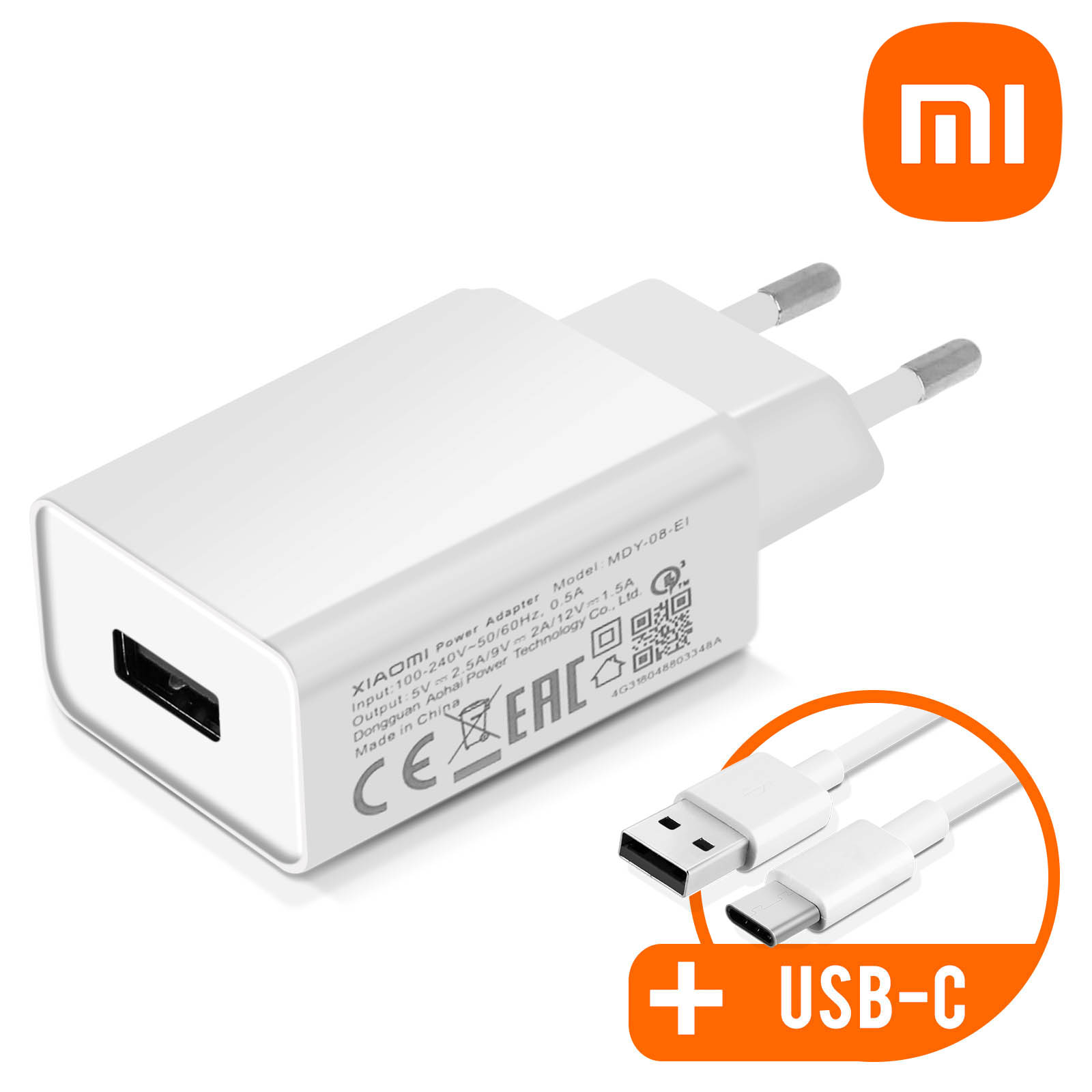 Chargeur secteur Xiaomi Original (18W) + Câble USB type C - Blanc - Français