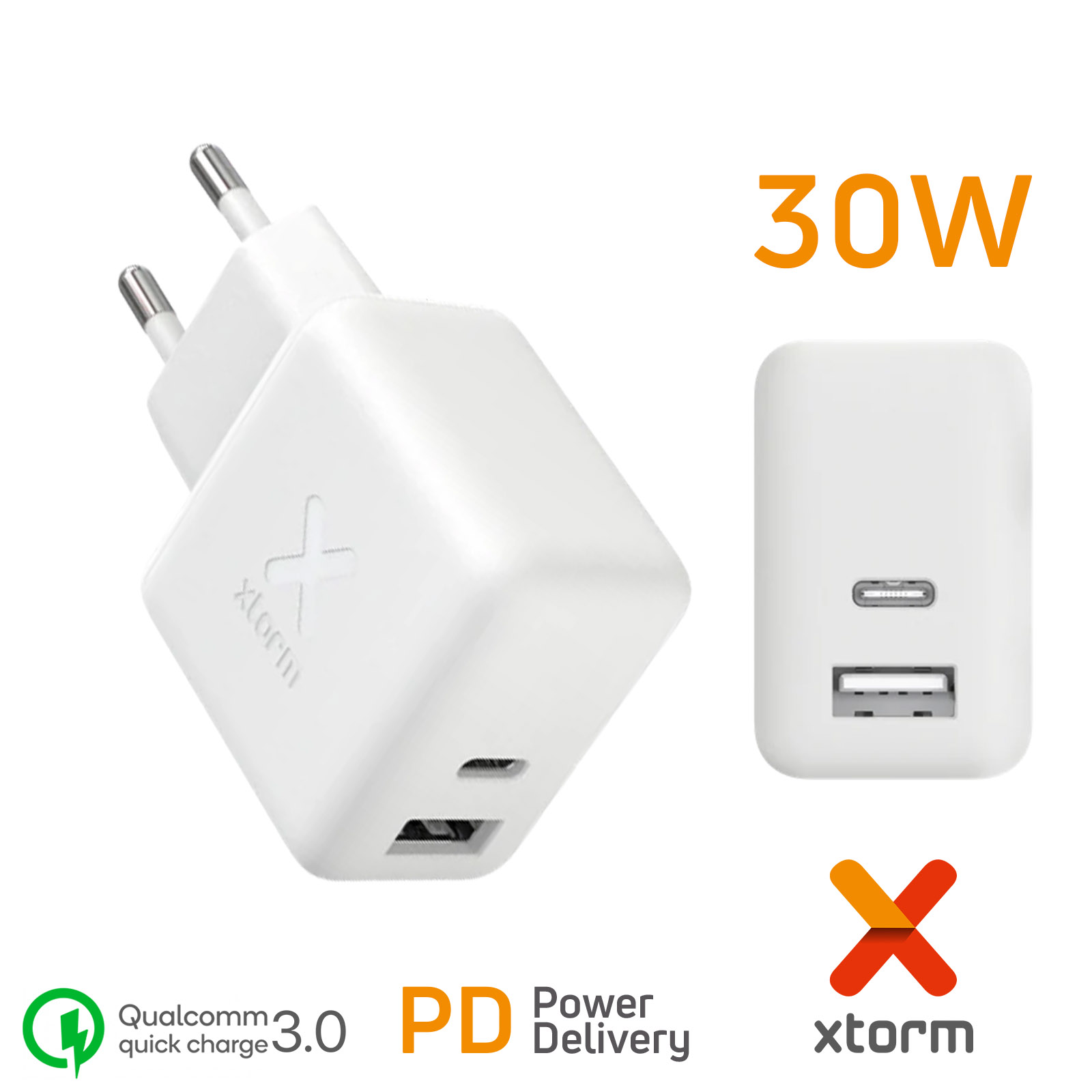 Chargeur Secteur Xtorm 30W, Ports USB-C Power Delivery + USB 3.0