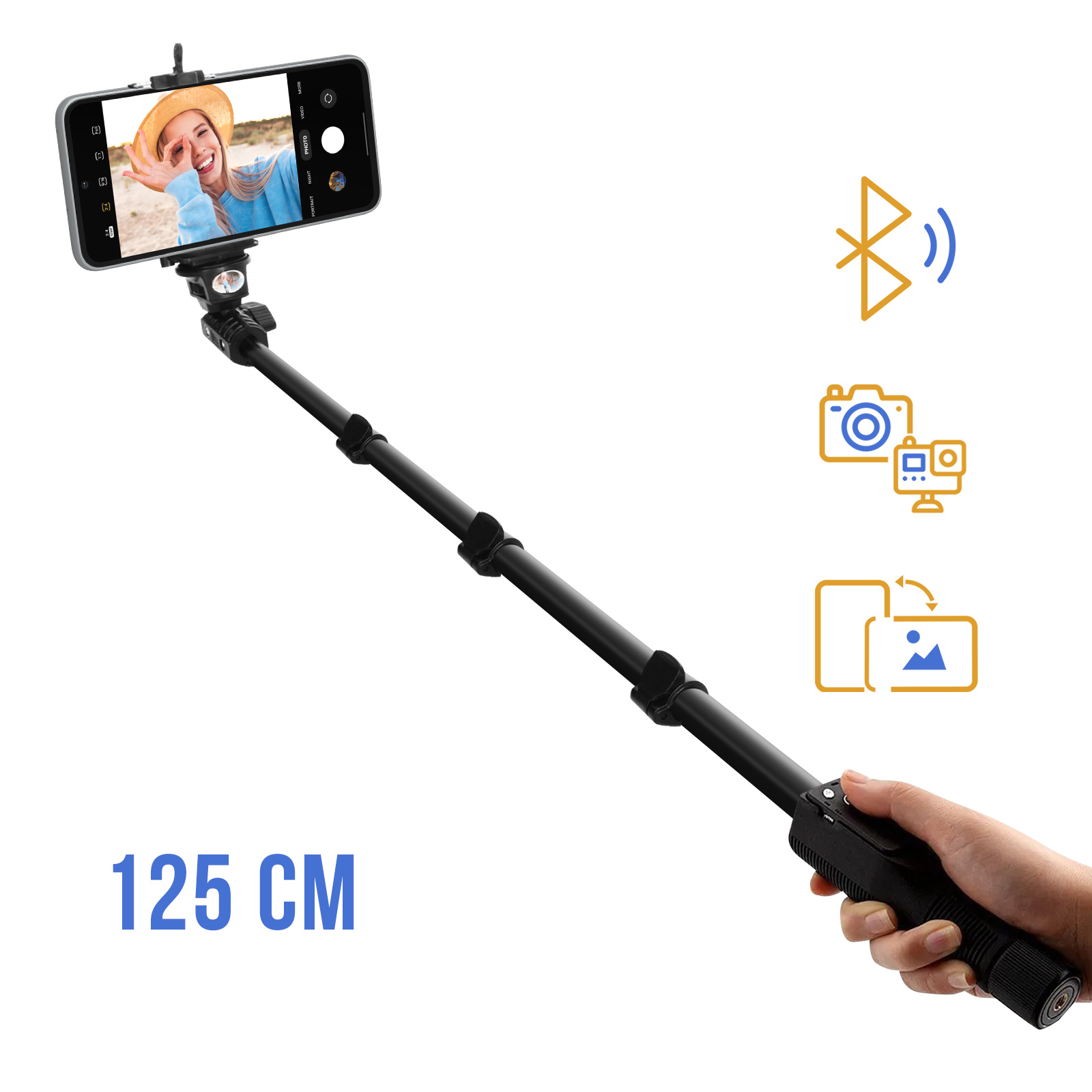 Palo selfie telescópico, mando a distancia Bluetooth integrado - Negro -  Spain
