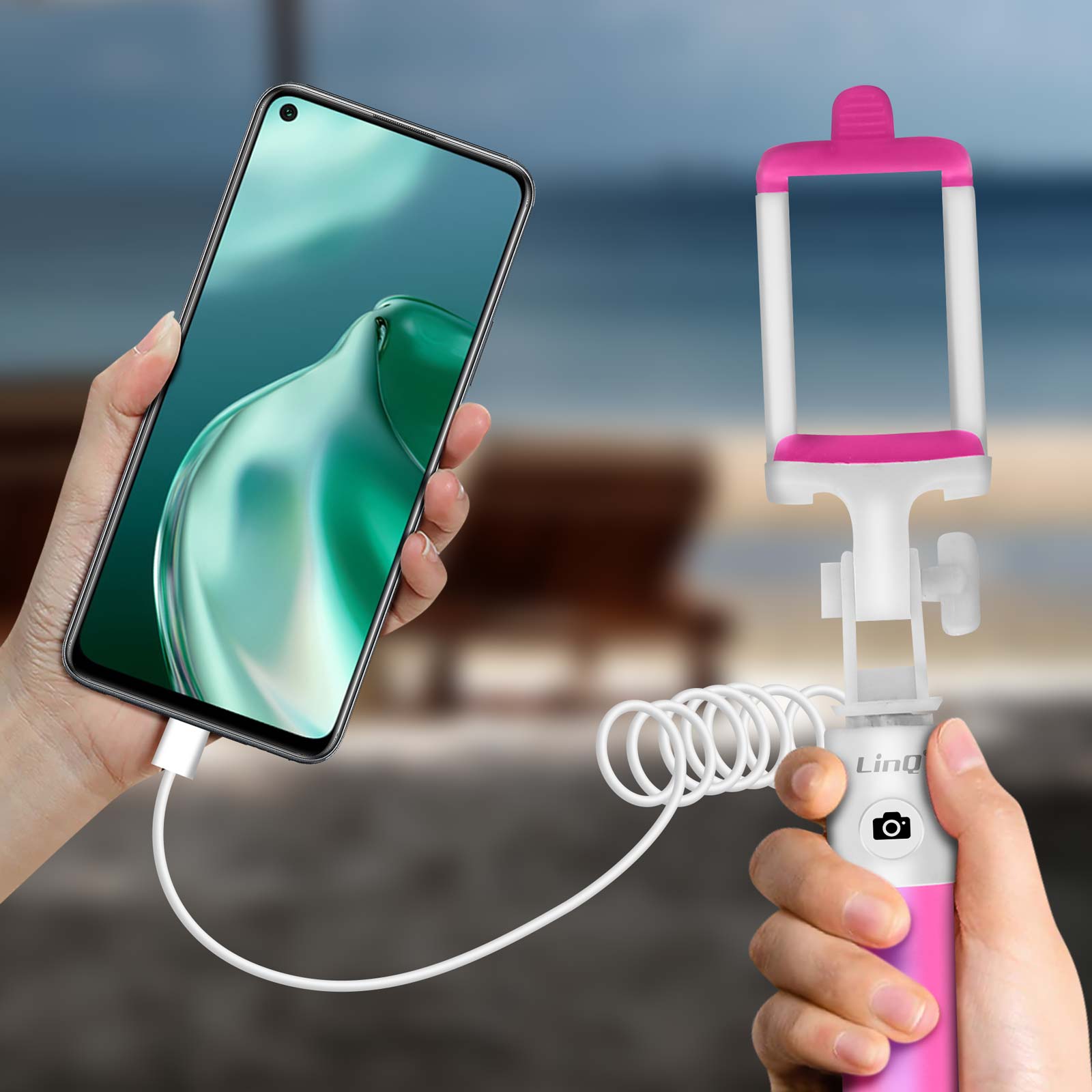 Perche Selfie Smartphone, Connecteur USB-C avec Bouton Déclencheur, LinQ -  Rose - Français