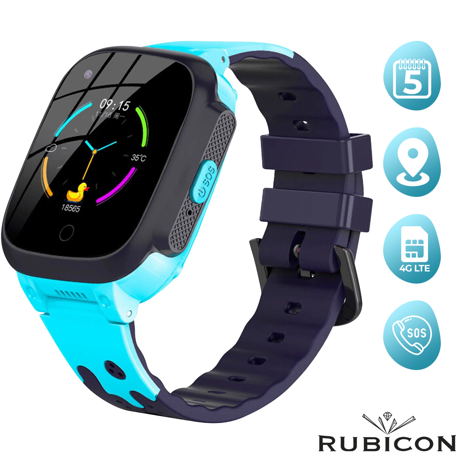 Montre Connect?�e pour Enfant avec Appels Vid?�o et Localisation GPS, Bouton SOS, Rubicon - Bleu 