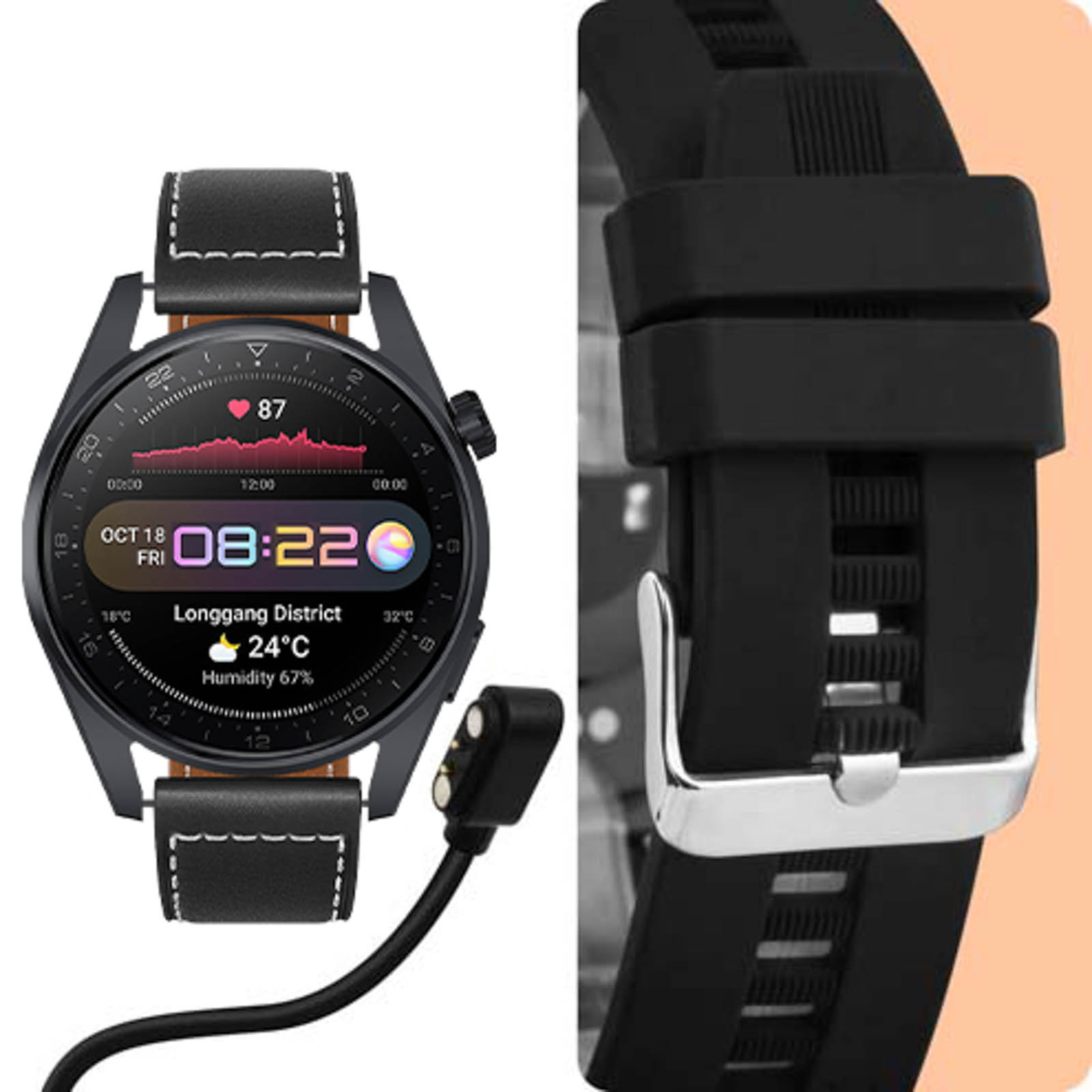 Smartwatch Rubicon quadrante rotondo argentato, activity tracker con  cinturino in pelle nero - Italiano