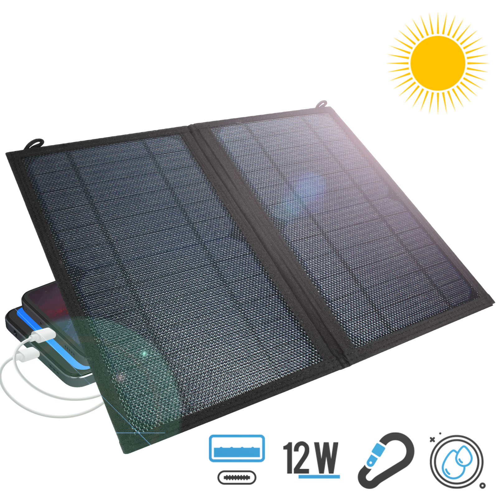 Caricabatterie solare universale USB + USB-C 12W, pannello solare  pieghevole e impermeabile - nero