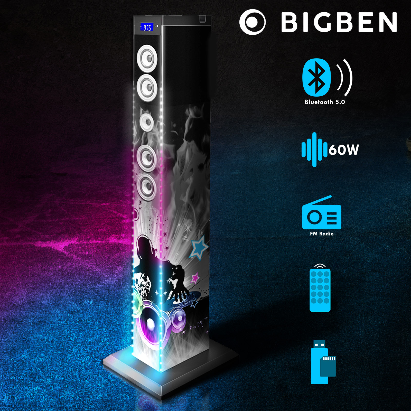 Enceinte Bluetooth Lumineuse Bigben 60W - Tour Multimédia DJ Light