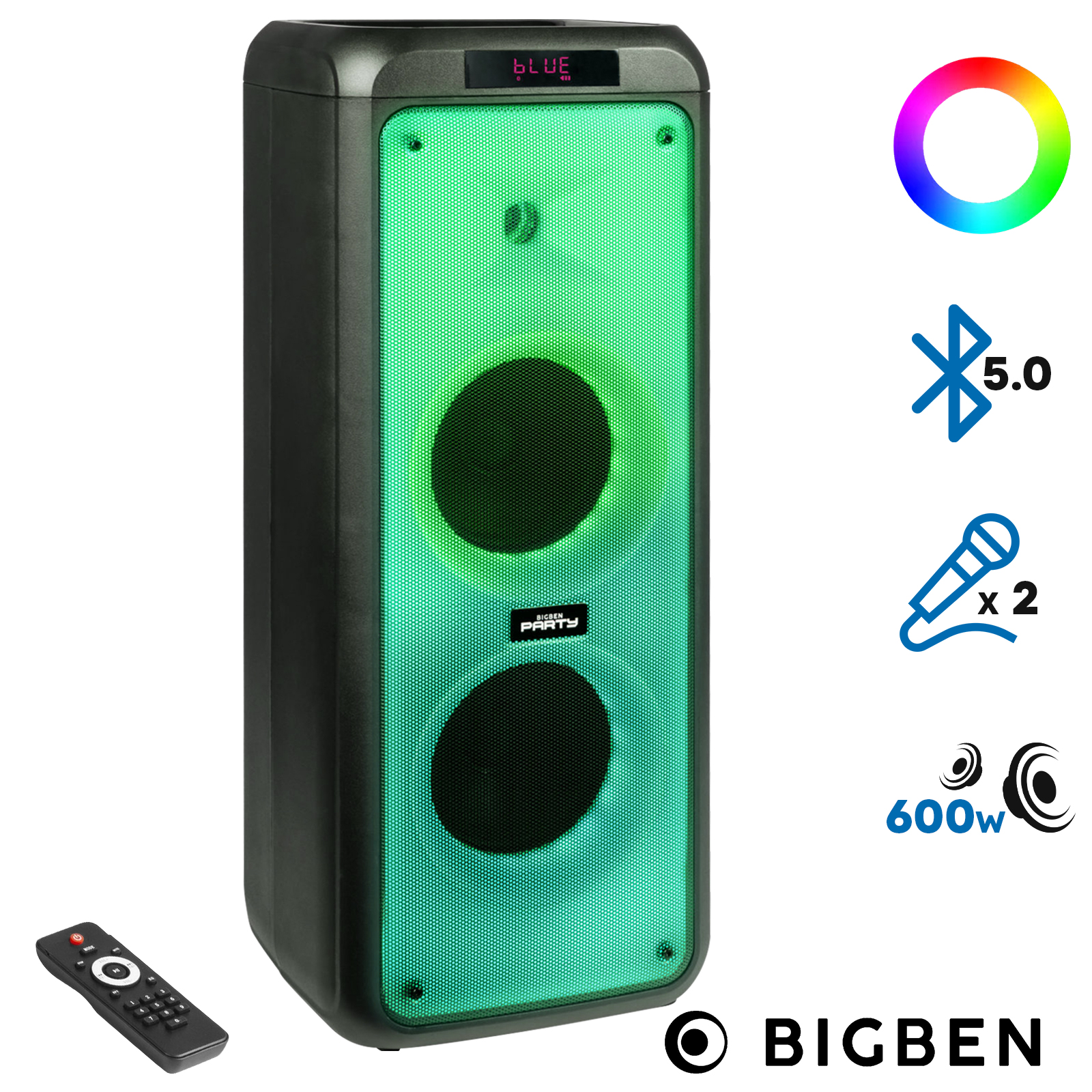 Enceinte Bluetooth Lumineuse 600W avec 2x Microphones et Télécommande,  Fonction Enregistrement, Bigben - Français