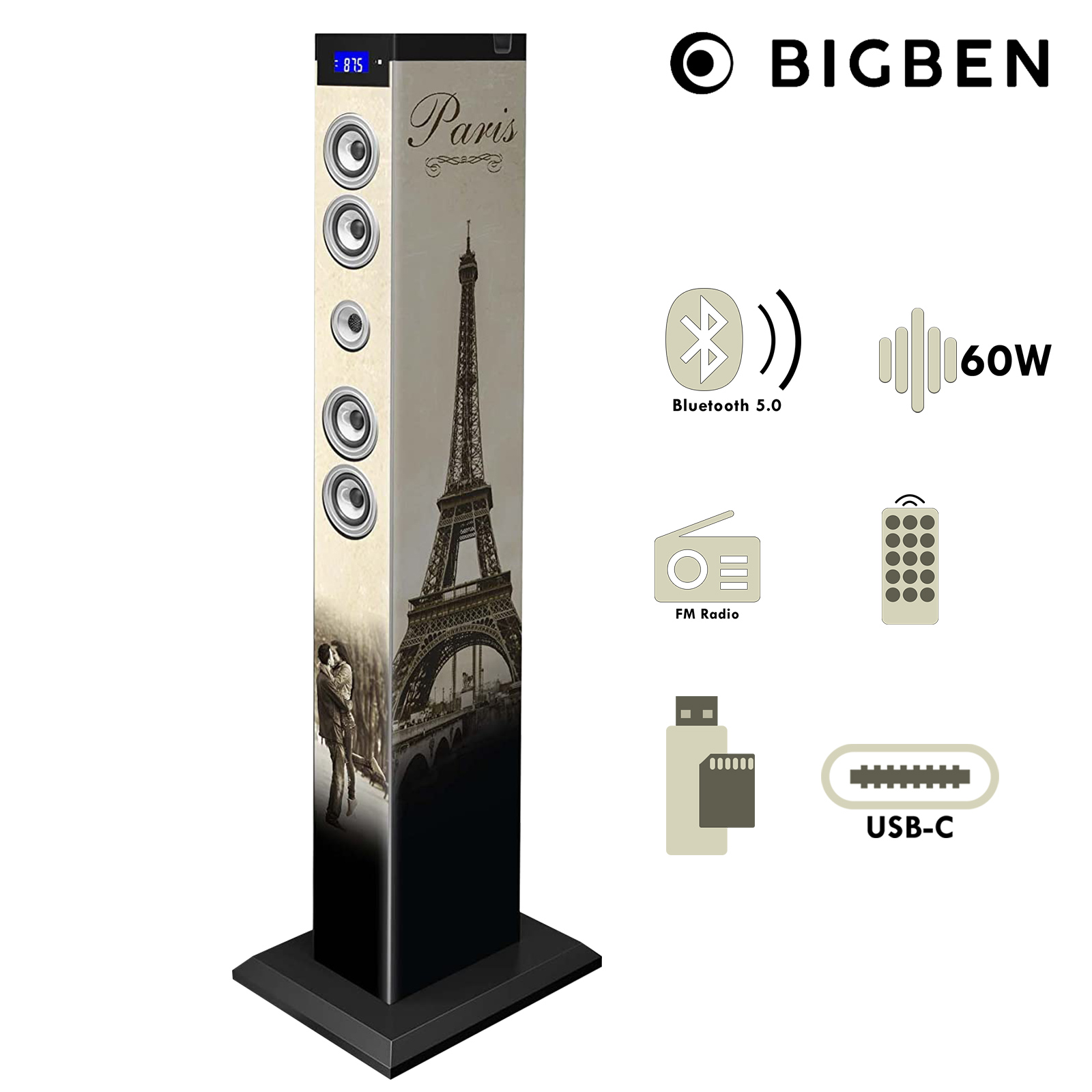Enceinte Bluetooth Paris 60W, Station d'accueil USB-C - Tour Multimédia  Bigben - Français