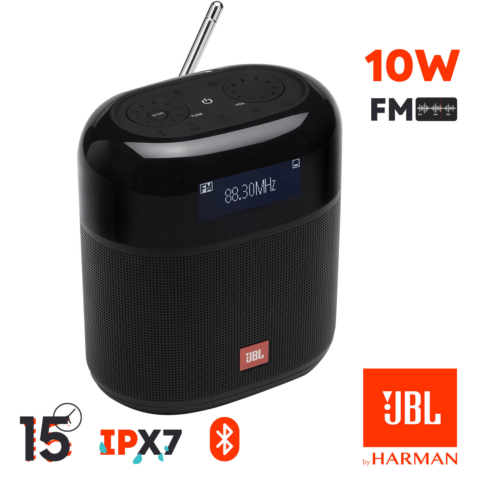 Enceinte Radio JBL Bluetooth 4.2 Son Cristallin Étanche IPX7, Écran LCD et  Autonomie 15h , TUNER XL - Noir - Français