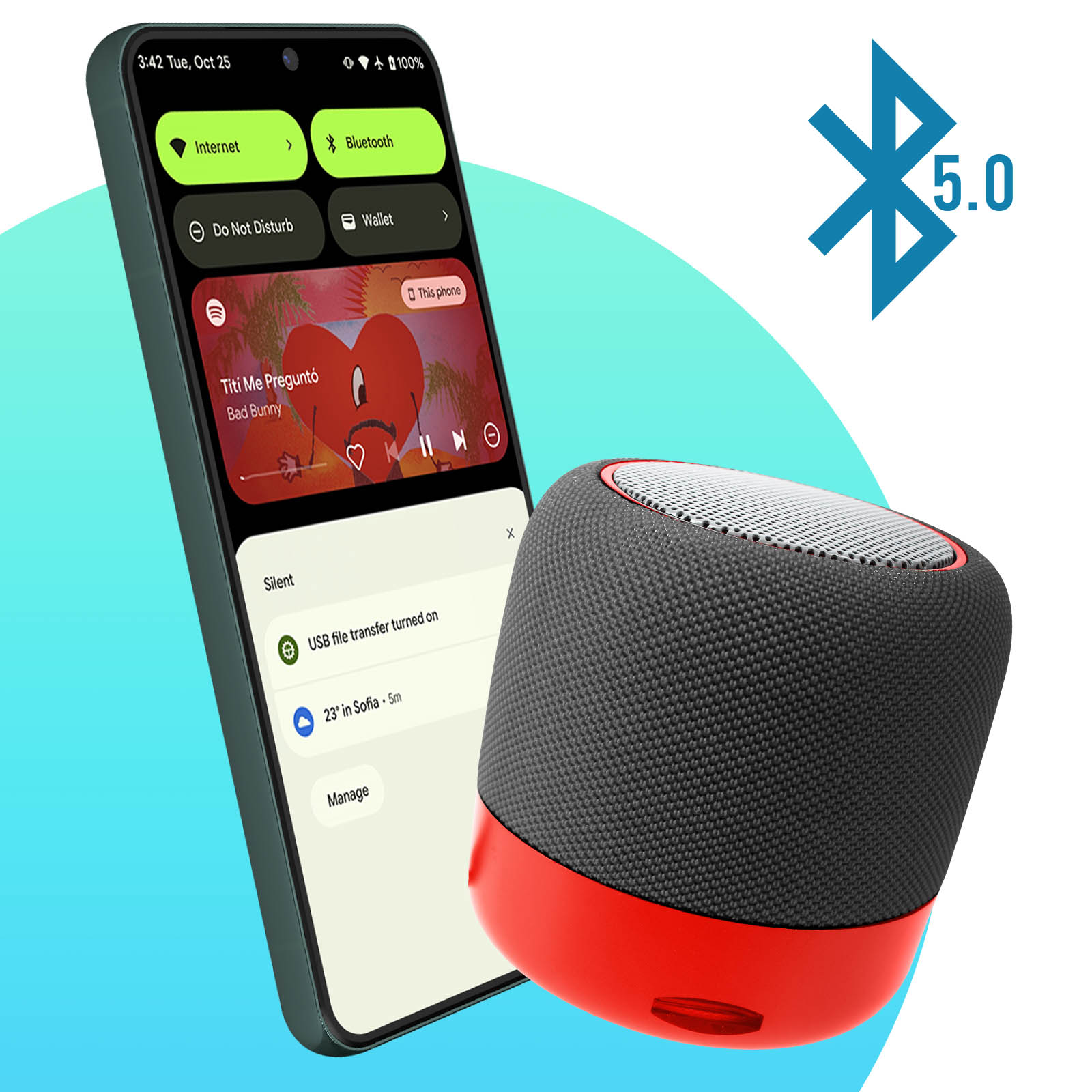 Mini Enceinte Bluetooth 5.0, Radio FM et Micro avec Dragonne, WSY01 - Noir
