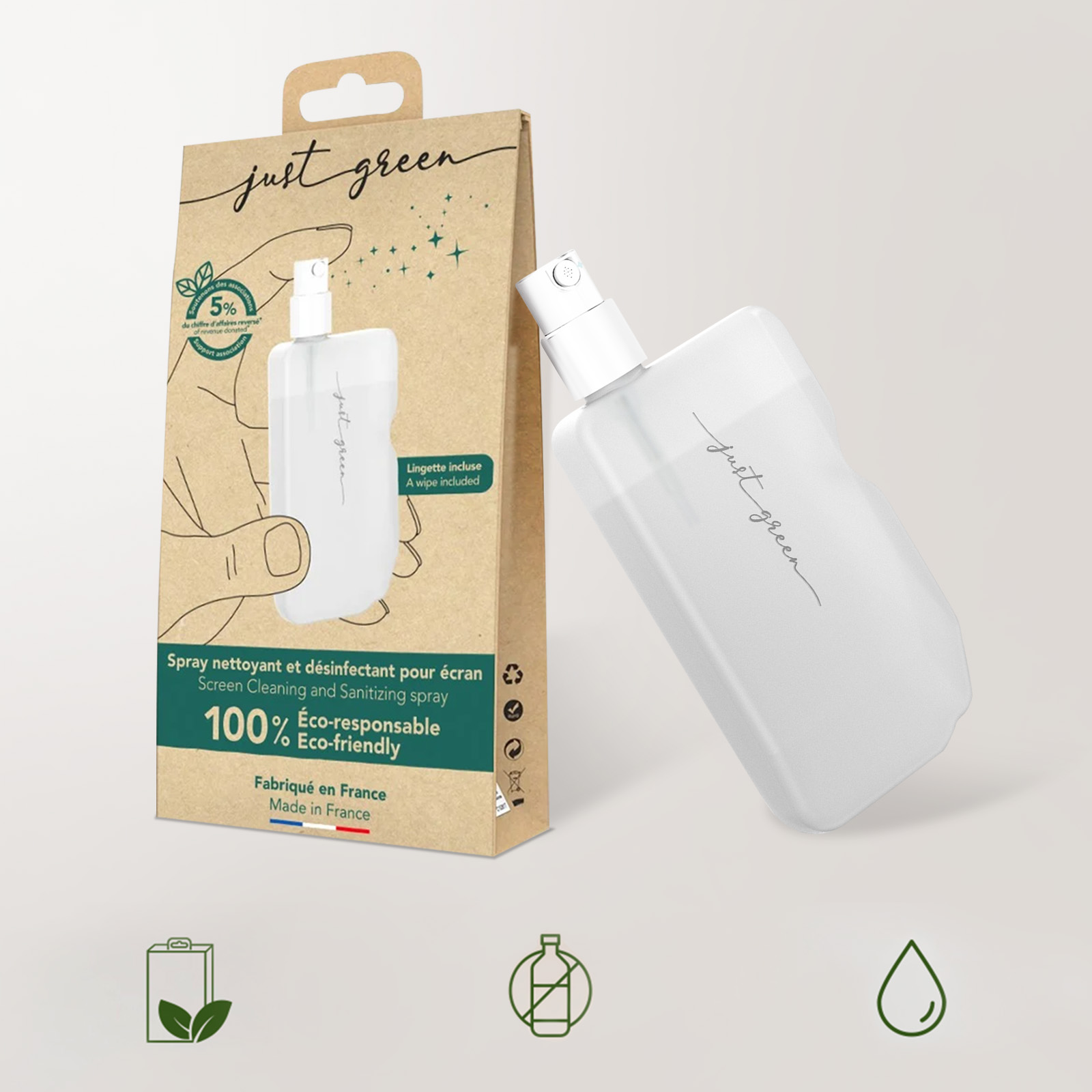 Spray Nettoyant / Désinfectant pour Écran Smartphone, tablette, TV - 100%  Récyclable Just Green - Français