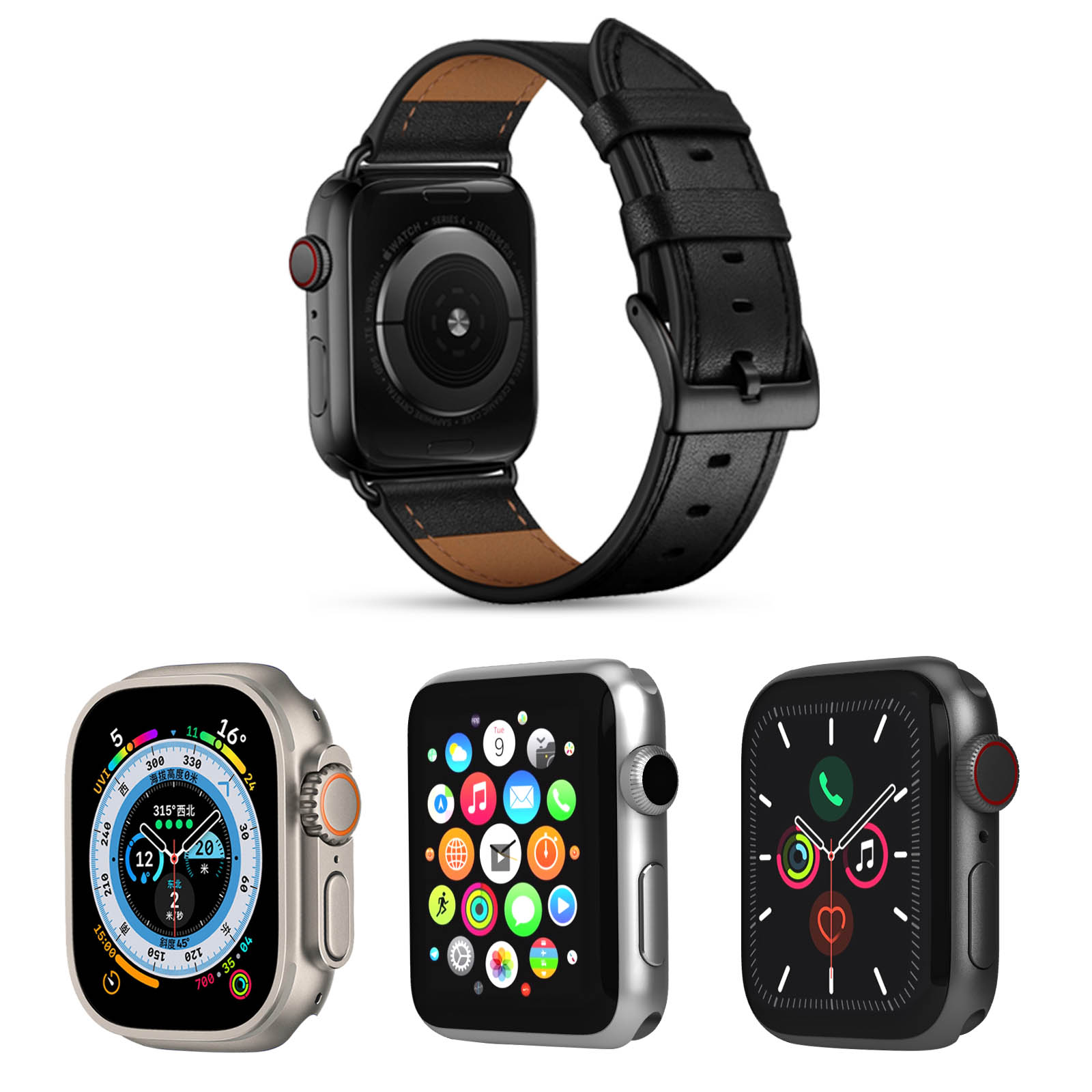 Apple Watch 41mm 40mm 38 mm Ersatzarmband aus echtem Leder Schwarz German