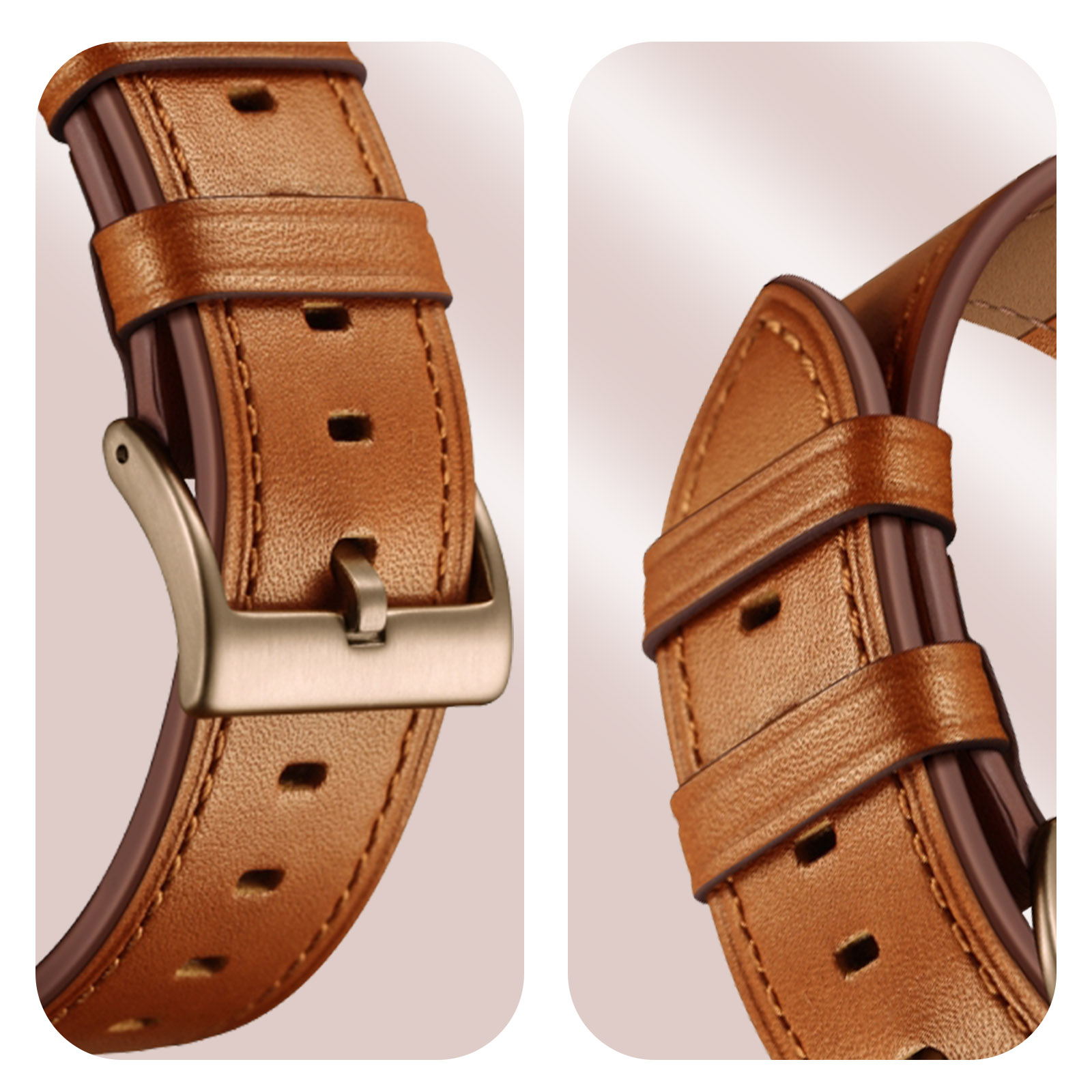 Bracelet 44mm compatible avec Apple Watch aspect cuir camel avec finitions  chromés - Coquediscount