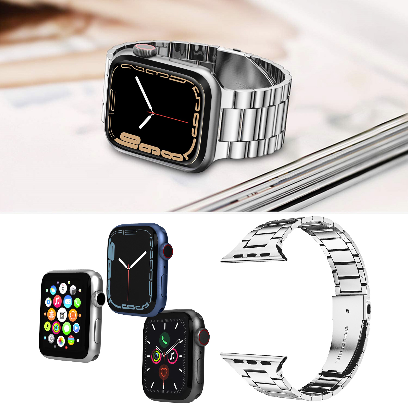 Bracelet Apple Watch Séries 1 à 8, Ultra et SE, Acier Inoxydable - Argent -  Français