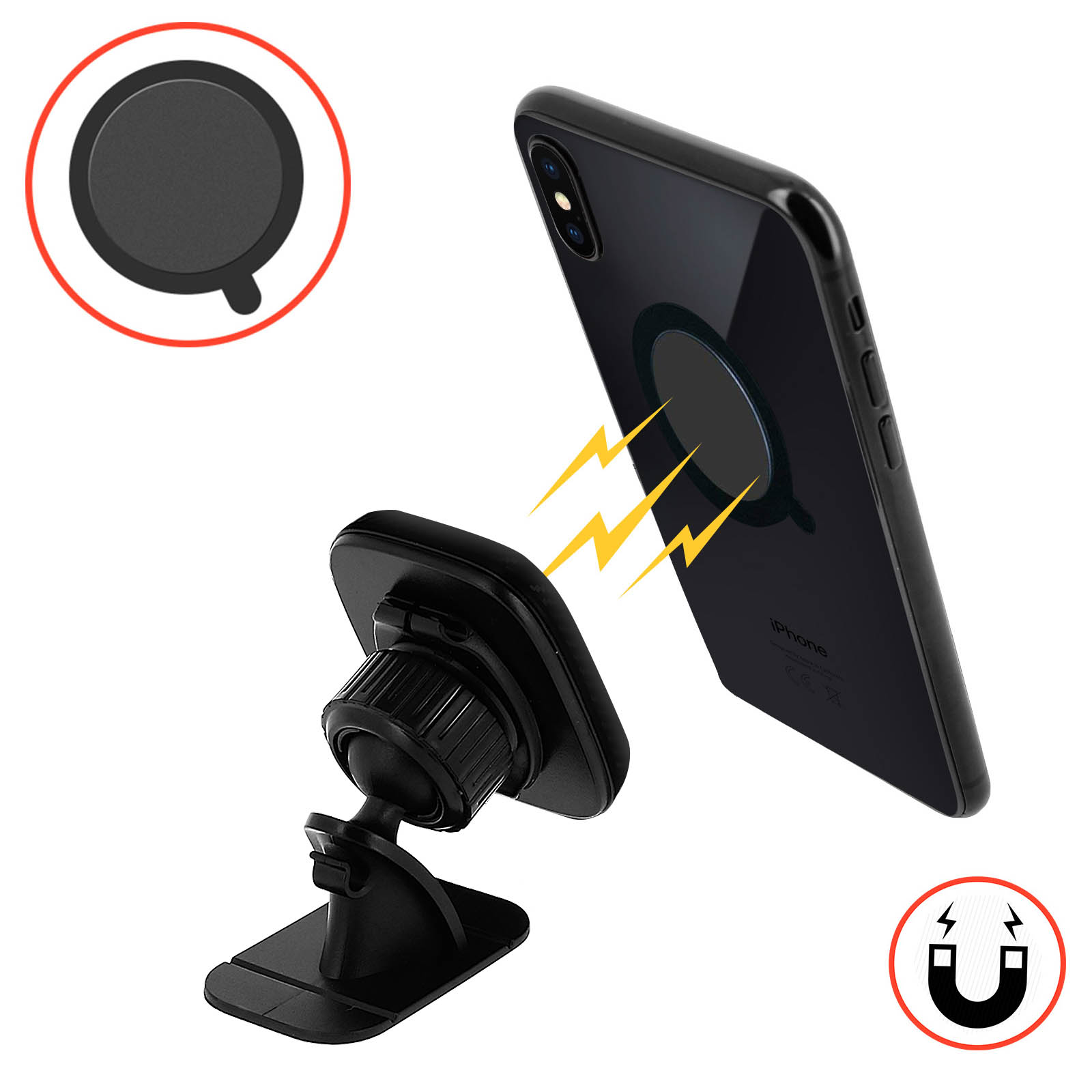 Support Voiture Magnétique et Rotatif à 360°, Fixation Tableau de bord Hoco  - Noir p. Smartphone et Petite Tablette - Français