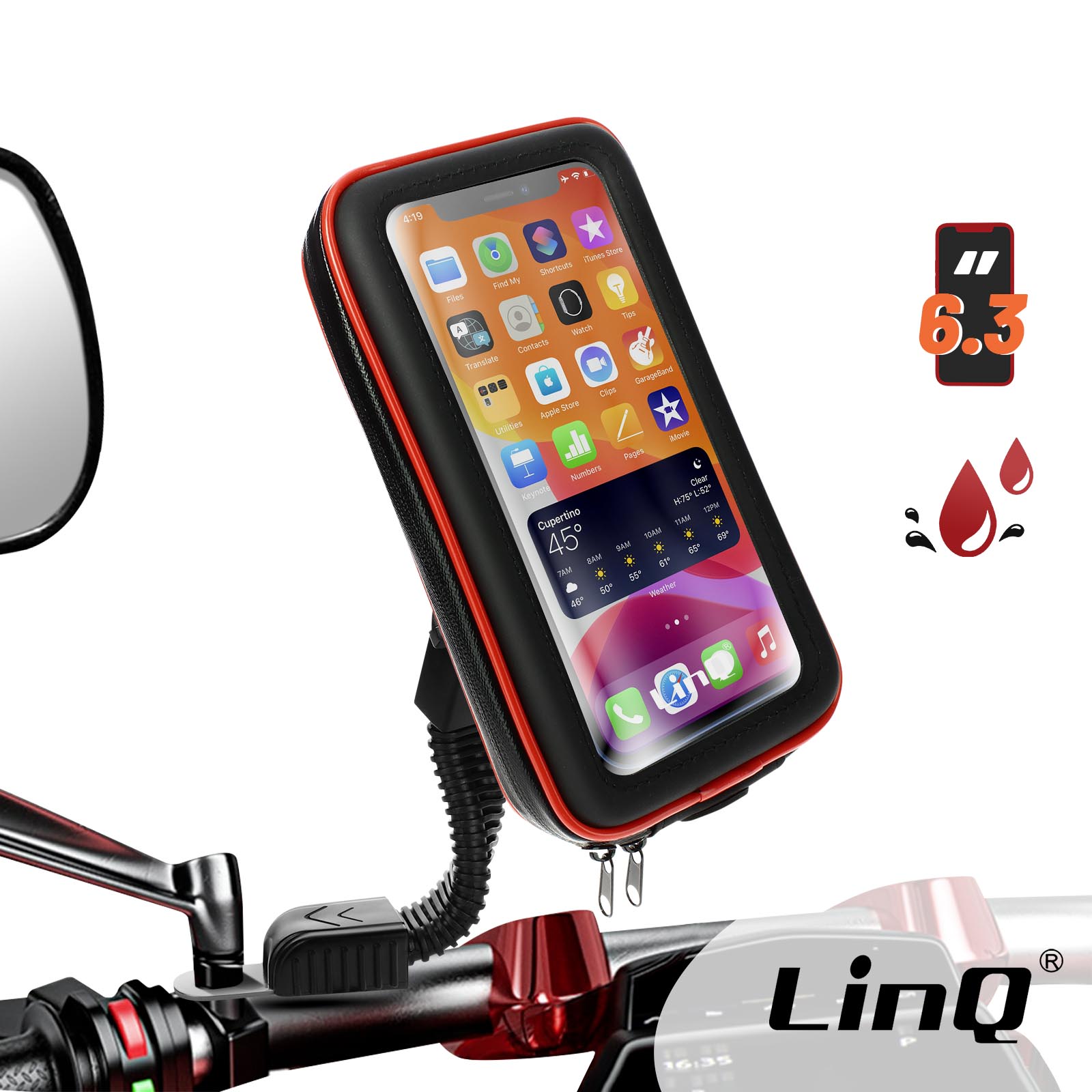 Support Moto/Scooter avec Housse imperméable, fixation Rétroviseur by LinQ  - Noir p. Smartphones jusqu'à 6,3 pouces - Français