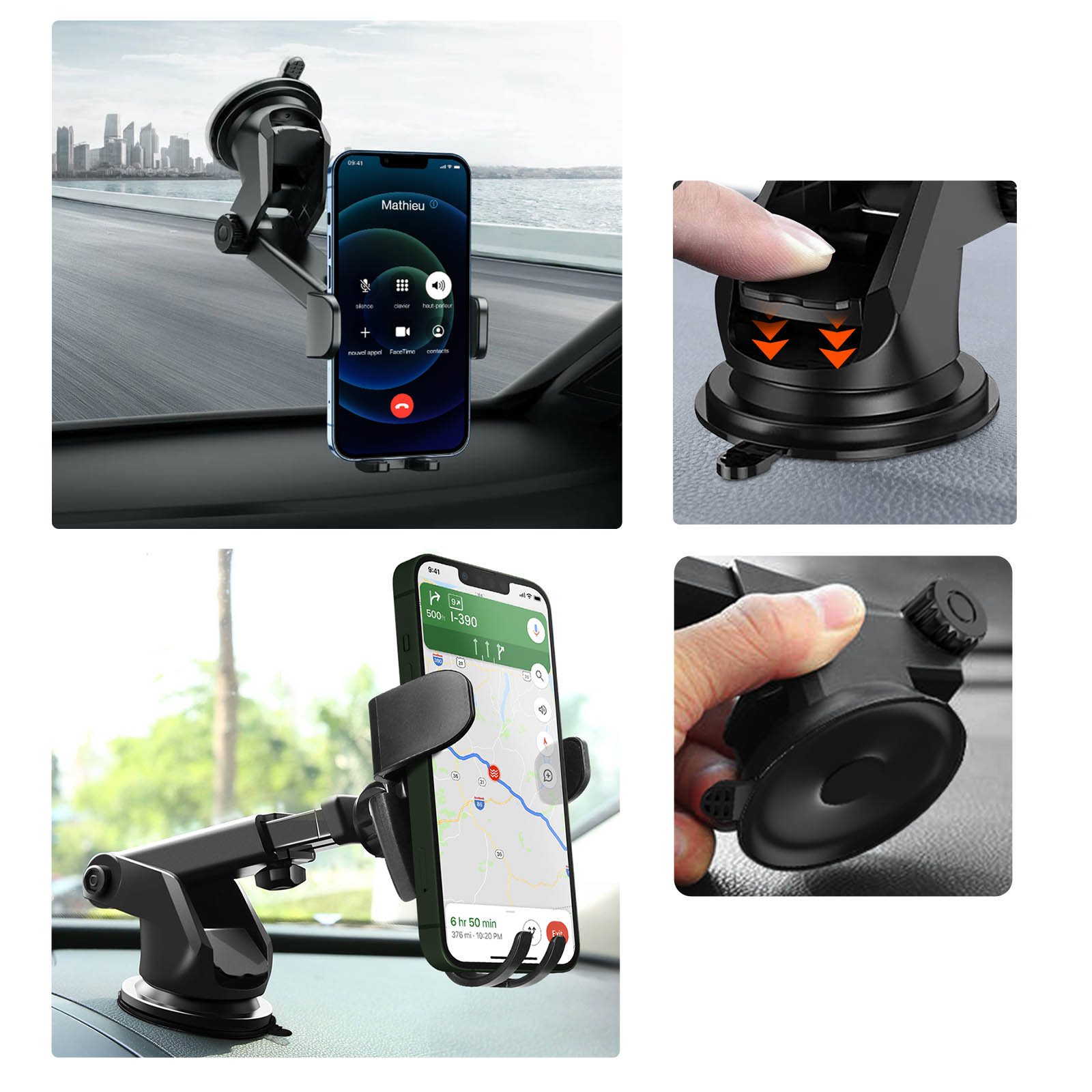 Support Voiture Fixation Ventouse Tableau de bord / Pare-brise pour  Smartphone 4,5 à 6,8 pouces, Rotatif 360° LinQ - Noir - Français