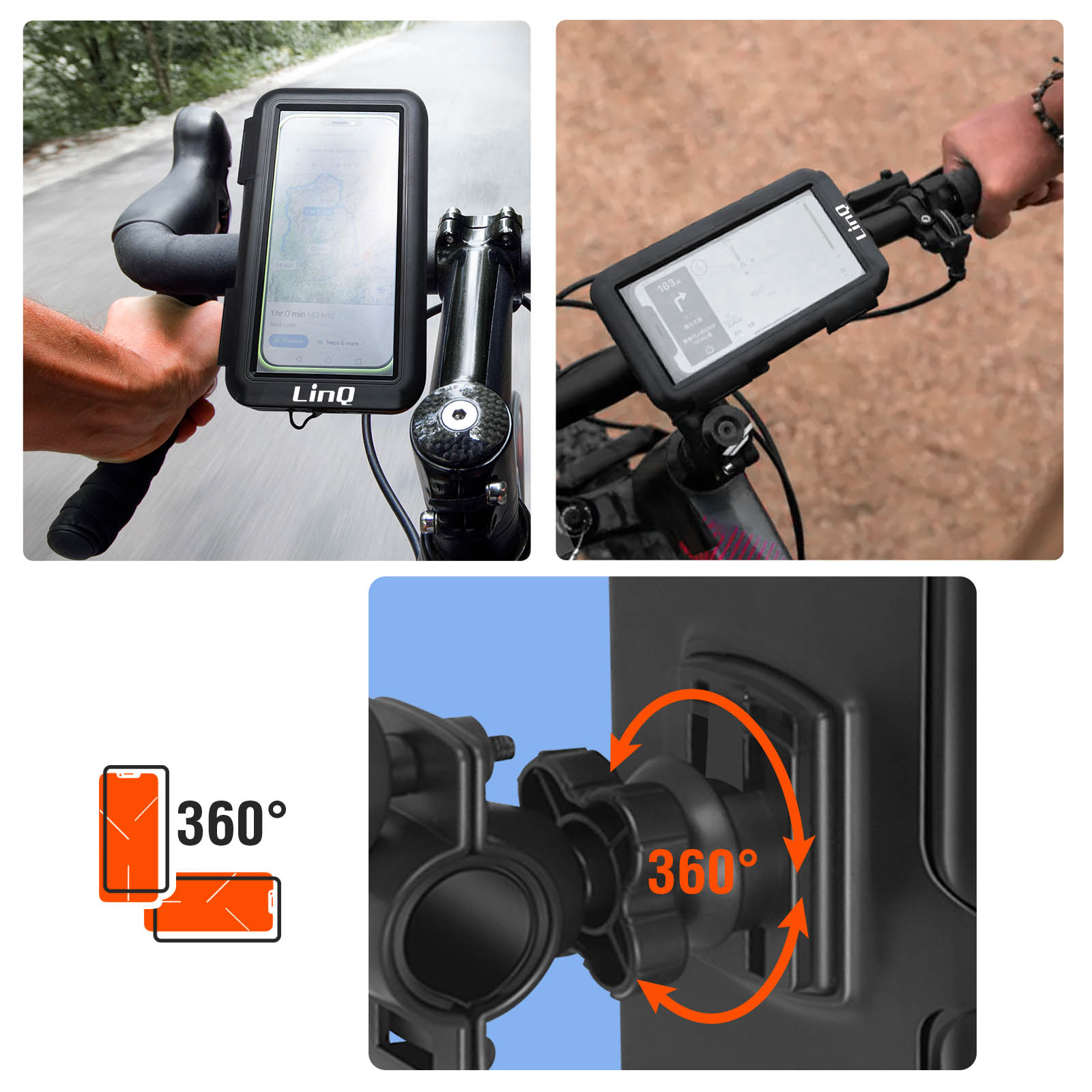 Support Vélo pour Smartphone de 4.7'' à 6.8'' avec Housse Étanche -  Fixation Guidon et Rotatif 360°, LinQ - Noir - Français