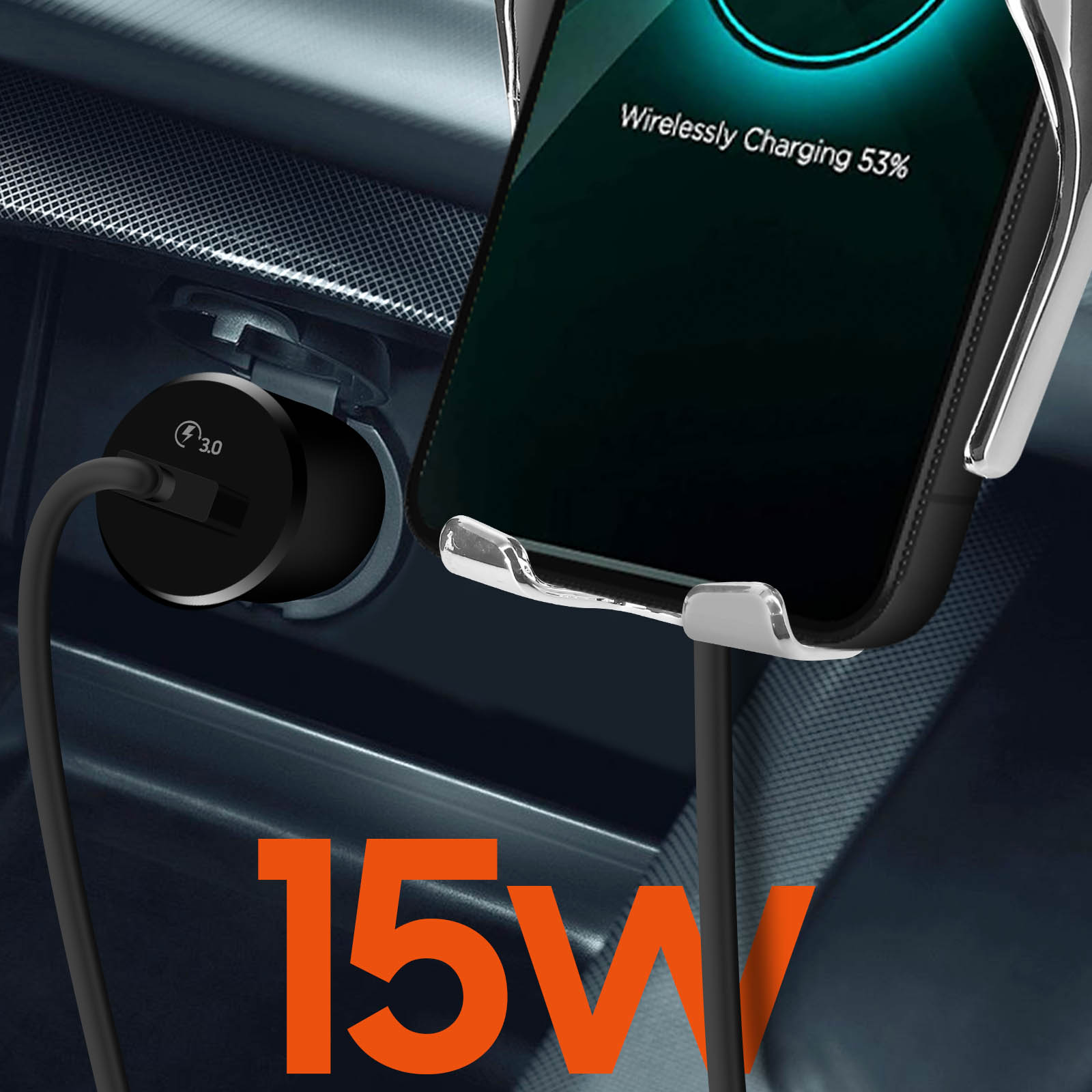 15W Qi Chargeur Induction Voiture avec Allume Cigare USB C Charge