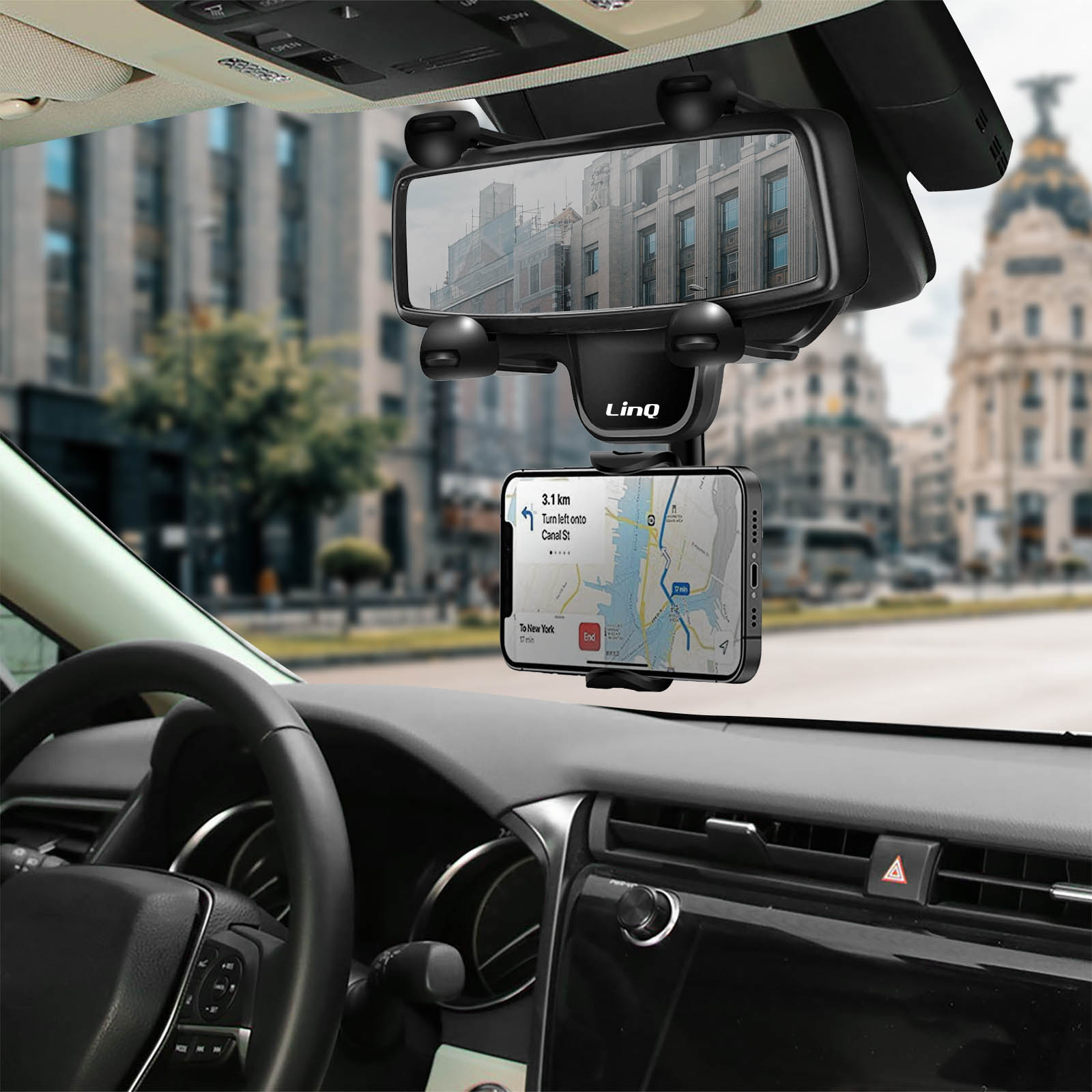 Spiegelhalterung für 6.8 Zoll Smartphones, 360° drehbare Autohalterung,  LinQ – Schwarz - German