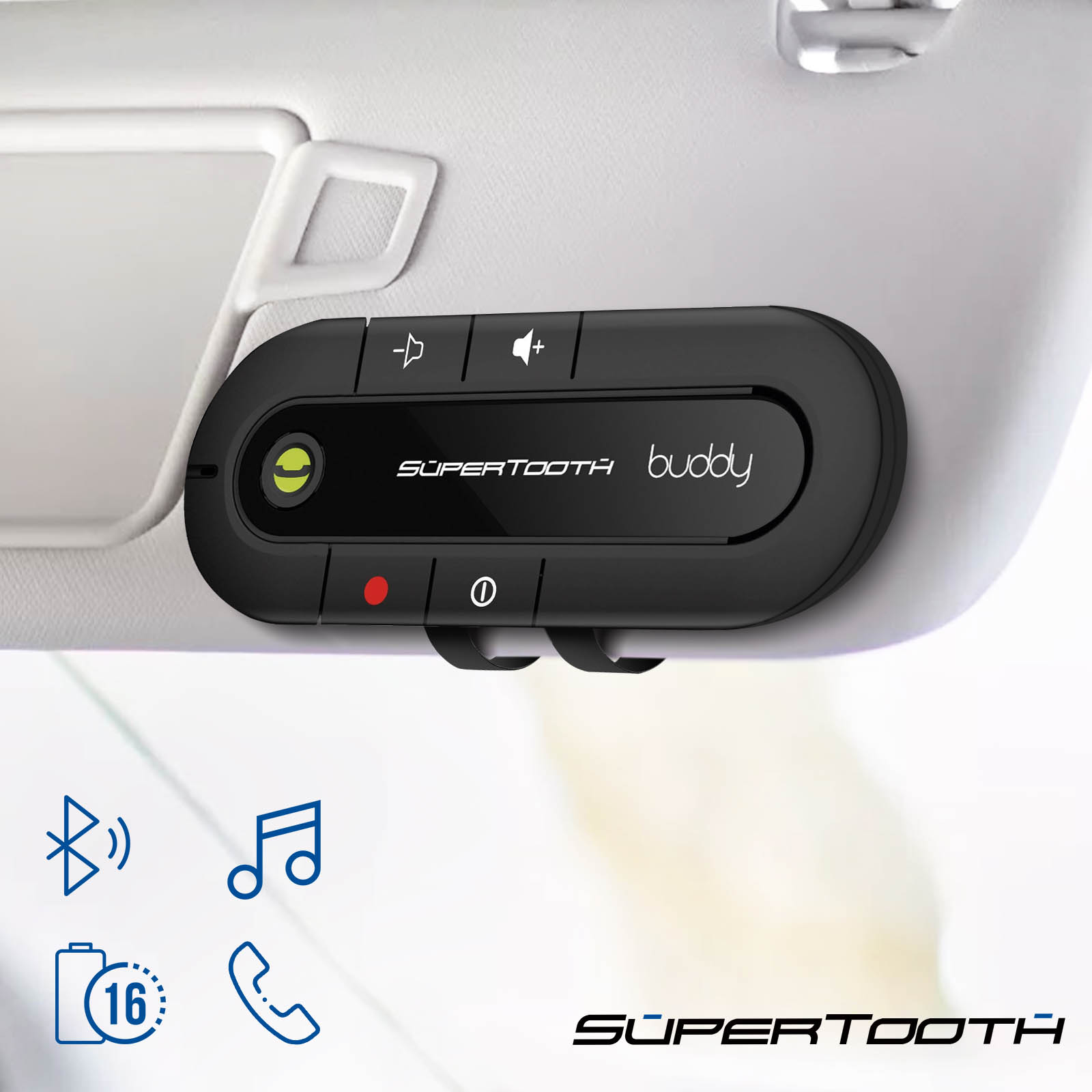 Kits mains libres bluetooth voiture Supertooth Buddy + chargeur voiture 