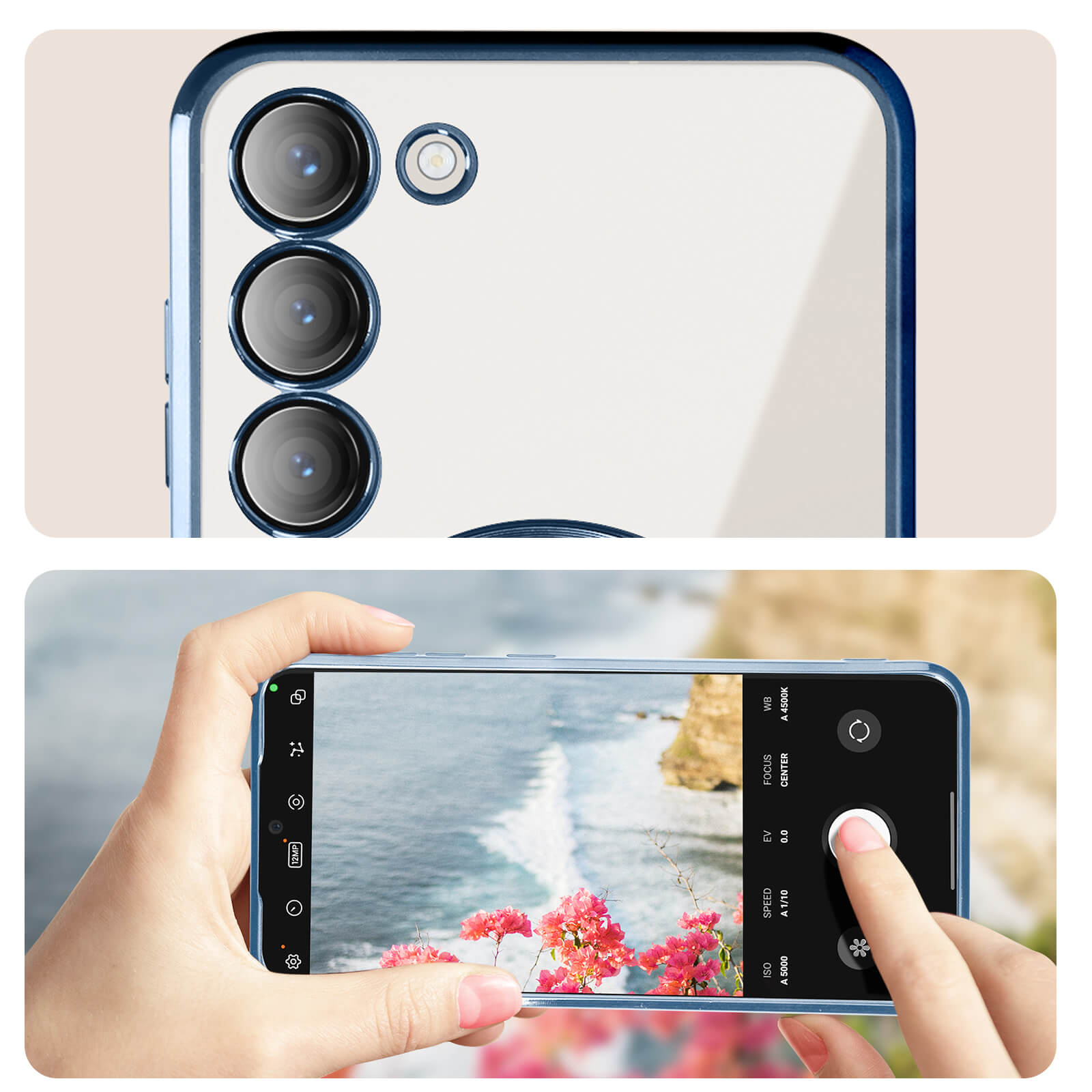 Coque MagSafe Samsung S23, Protection caméra, dos transparent contour Bleu  - Français