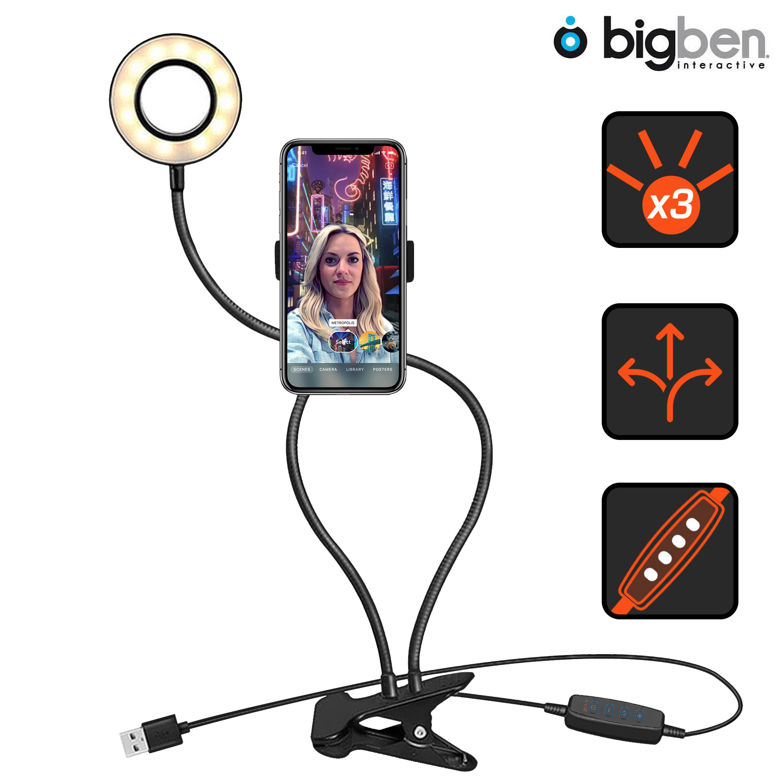 Ring light per selfie flessibile con supporto da scrivania, fissaggio a  morsetto, Bigben - nero - Italiano