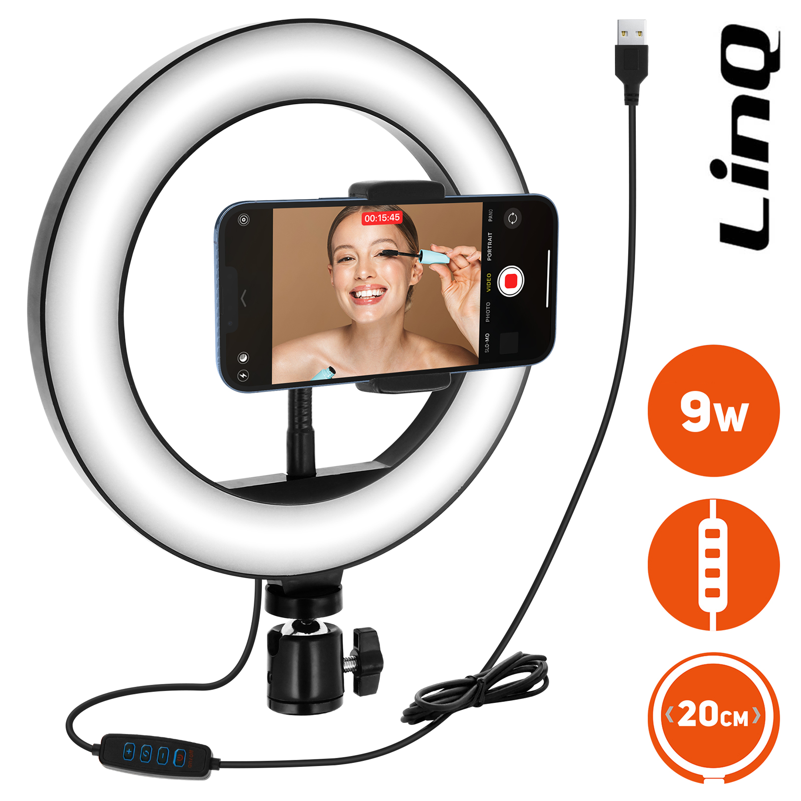 Support Selfie Smartphone Trépied avec Anneau Lumineux Bluetooth LinQ ZP9906