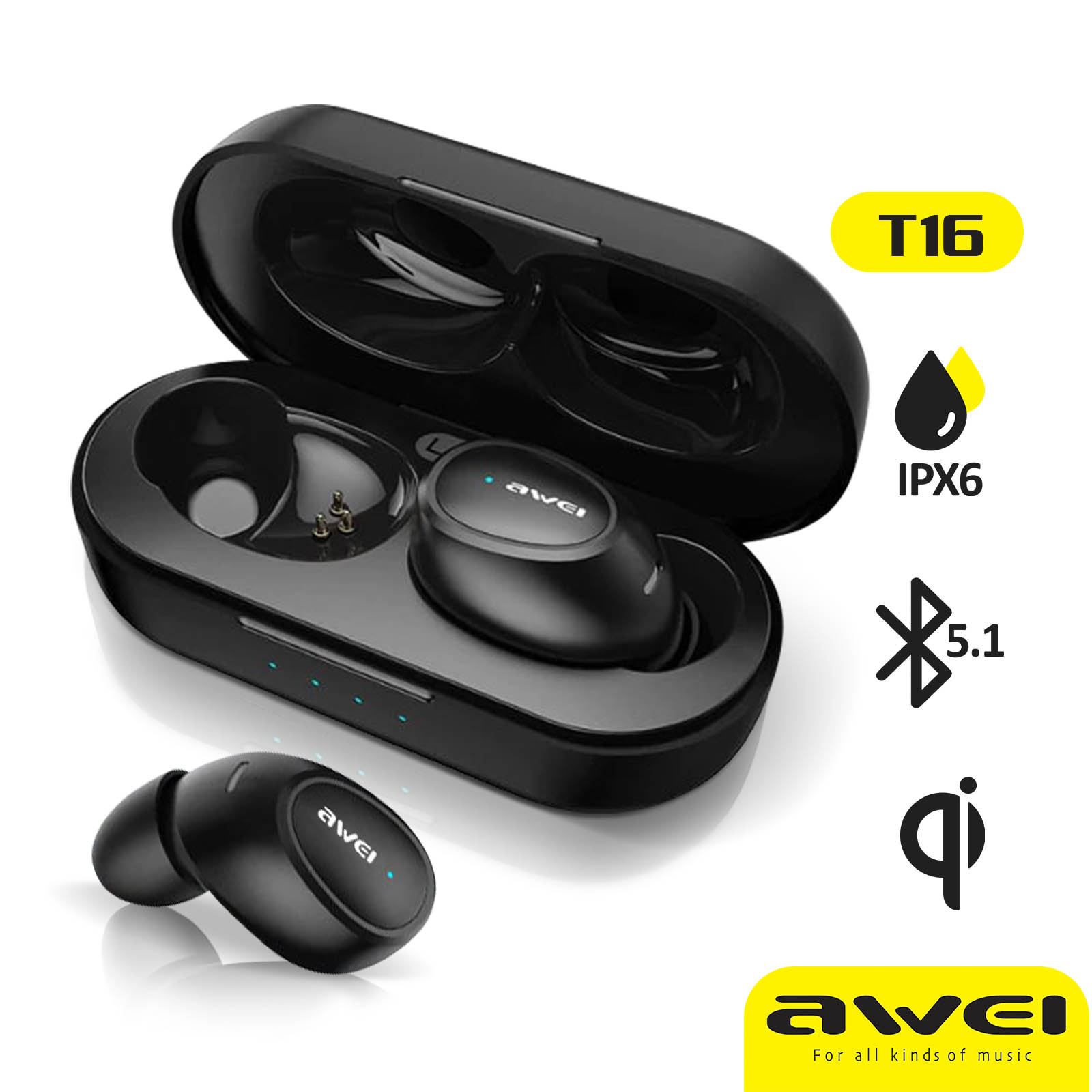 Auriculares Bluetooth Inalámbricos con Estuche de Carga y Control táctil,  Impermeabilidad IPX4, Awei – Negro - Spain