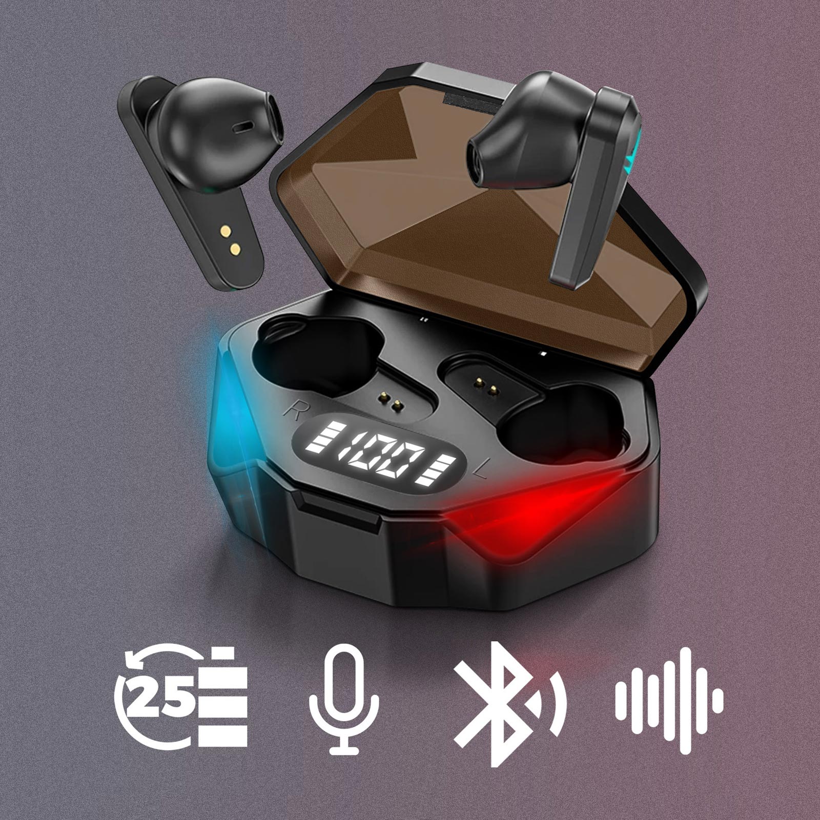 Ecouteurs Gaming RGB Bluetooth 5.2 boitier de charge affichage LED modèle  Y-04 - Noir - Français