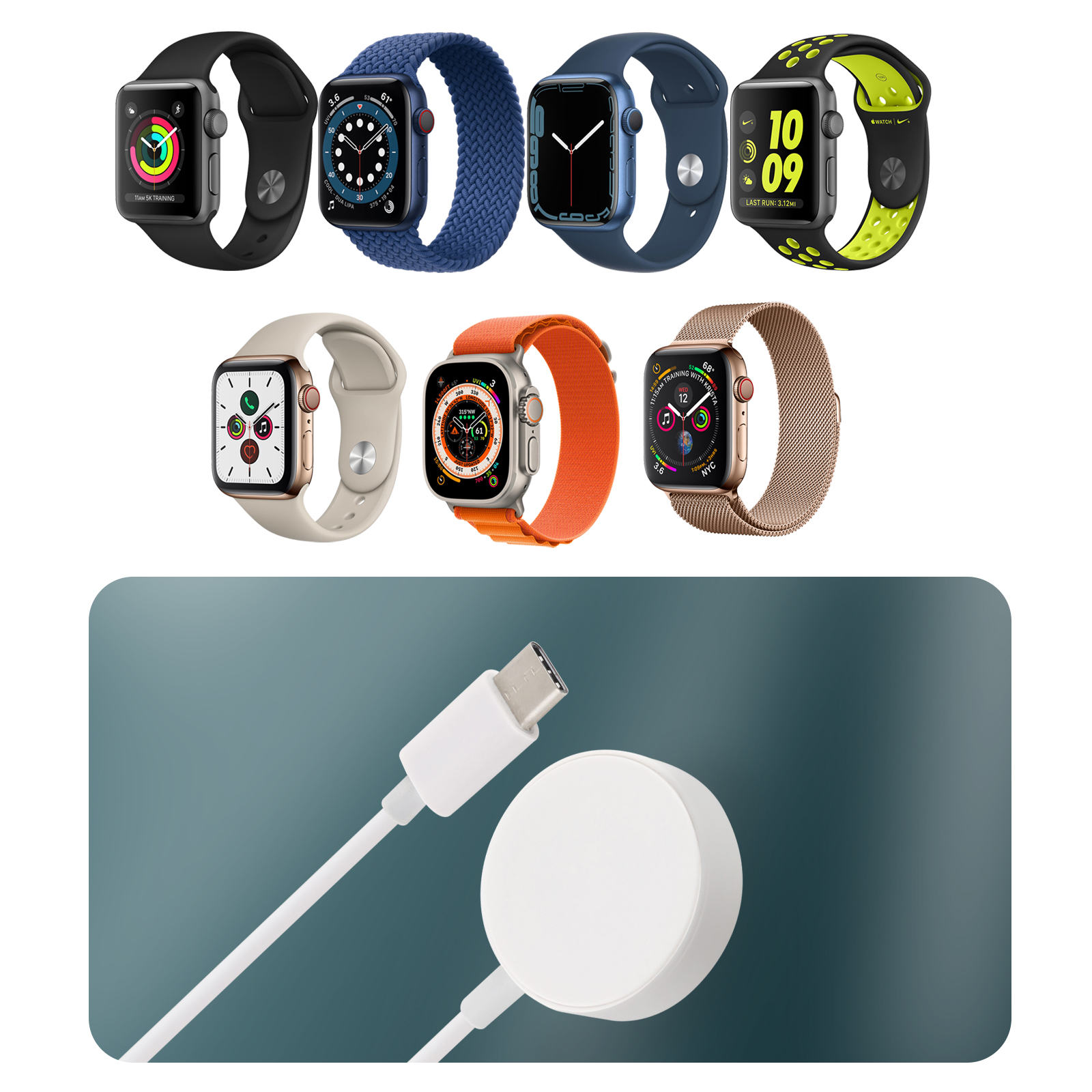 Chargeur pour Apple Watch Series 8 à Series 1 - PHONILLICO - Blanc - 1m