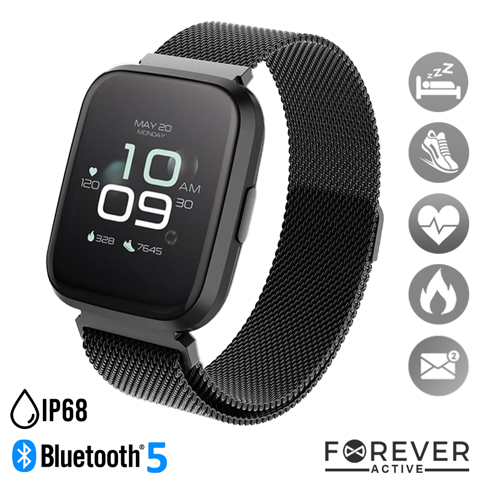 Montre Connectée Bluetooth 5.0, Smartwatch avec 2 Bracelets  Interchangeables, Etanche IP68, Forever Active - Noir - Français
